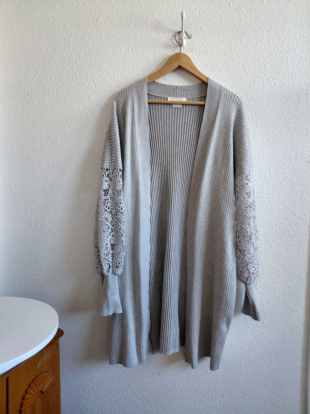 Light Gray Lace-Sleeve Open Cardigan Sweater
